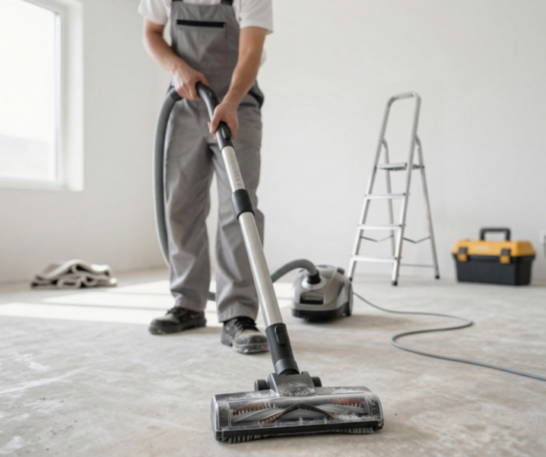 homme qui passe aspirateur après travaux de rénovations