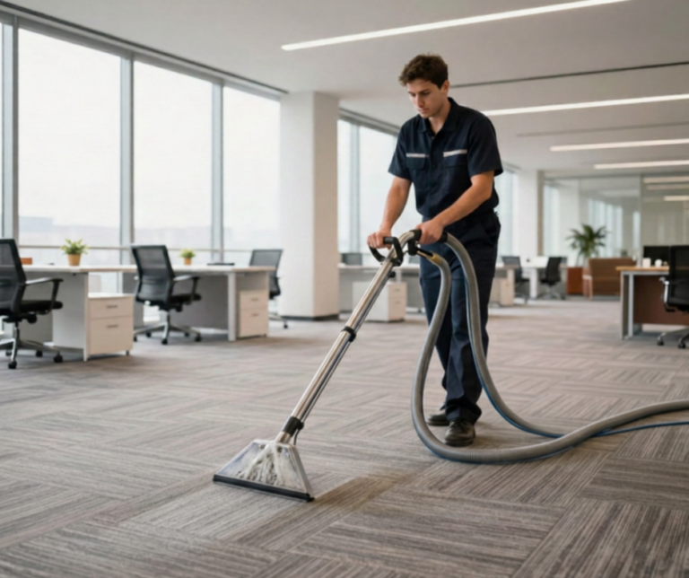 personne qui nettoie des tapis bureau commercial